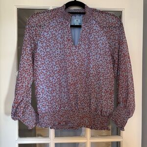 CeCe Women’s Top XS Light Blue With Reddish Rust Floral Print Made In India